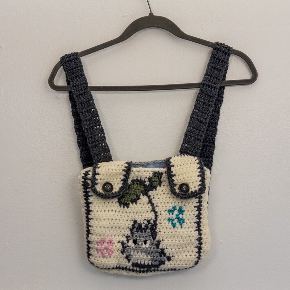 Handmade Crochet Crossbody Purse Cat Design Boho Knit Small Shoulder Bag